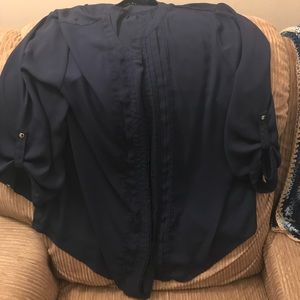 Navy Pleated button down blouse